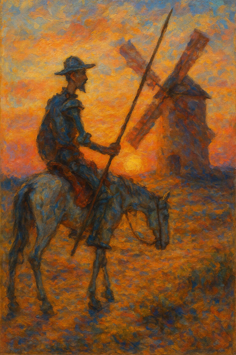 Don Quixote tilting at windmills
